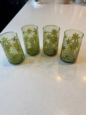 Green Floral Glass Tumblers - Set of 4